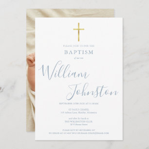 Modern Baptism Christening Dusty Blue Photo Invitation