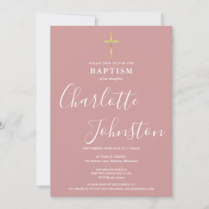 Modern Baptism Christening Dusty Rose Pink Invitation