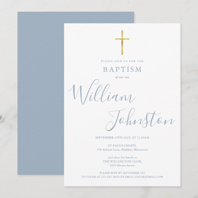 Modern Baptism Christening Gold Cross Dusty Blue Invitation (Front/Back)