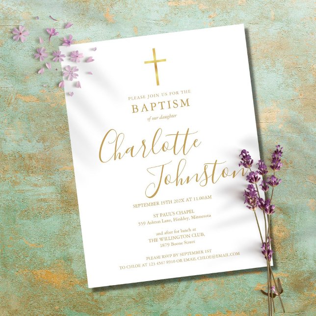 Modern Baptism Christening Gold Signature Script Invitation Postcard (Creator Uploaded)