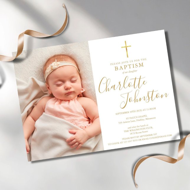 Modern Baptism Christening Golden Script Photo Invitation (Creator Uploaded)