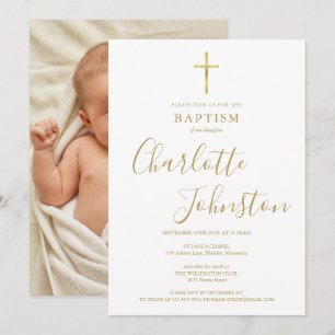 Modern Baptism Christening Golden Signature Photo Invitation