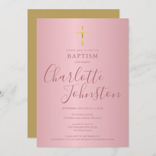 Modern Baptism Christening Rose Gold Invitation (Front/Back)