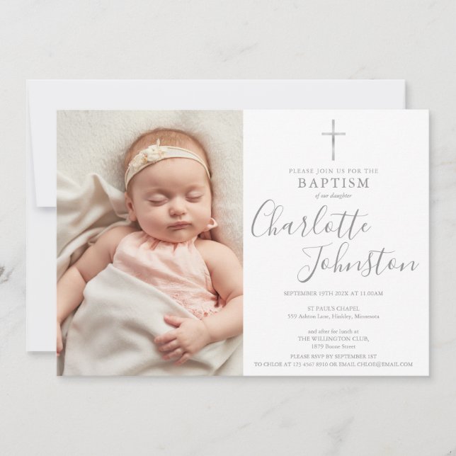 Modern Baptism Christening Silver Script Photo Invitation (Front)