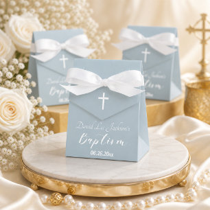 Modern Baptism Christening White Cross Dusty Blue  Favor Box