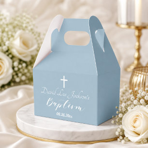 Modern Baptism Christening White Cross Dusty Blue  Favor Box