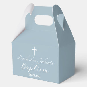 Modern Baptism Christening White Cross Dusty Blue  Favor Box