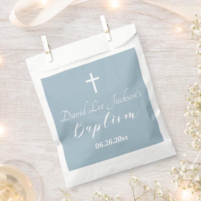 Modern Baptism Christening White Cross Dusty Blue  Favour Bag (Clipped)
