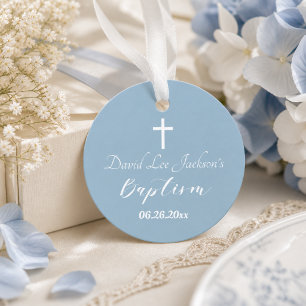 Modern Baptism Christening White Cross Dusty Blue Favour Tags