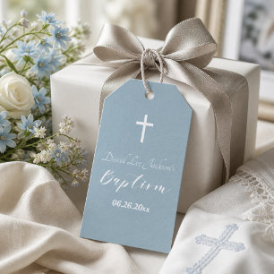 Modern Baptism Christening White Cross Dusty Blue Gift Tags
