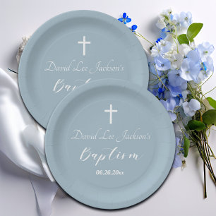 Modern Baptism Christening White Cross Dusty Blue  Paper Plate