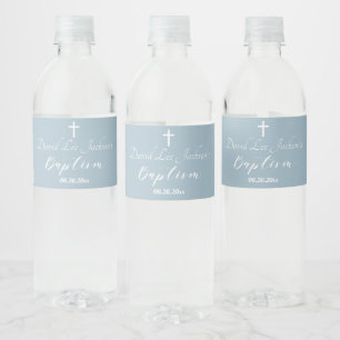 Modern Baptism Christening White Cross Dusty Blue  Water Bottle Label