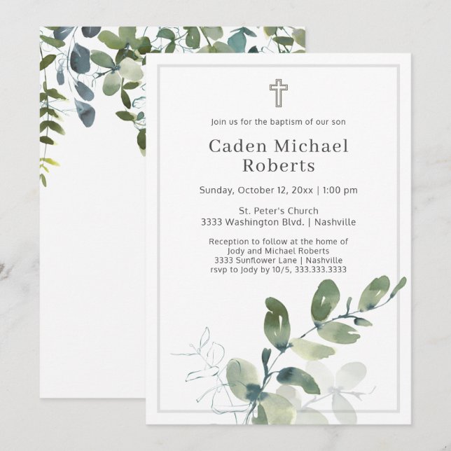 Modern Baptism Greenery Cross Invitation (Front/Back)