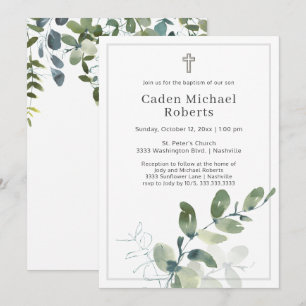 Modern Baptism Greenery Cross Invitation