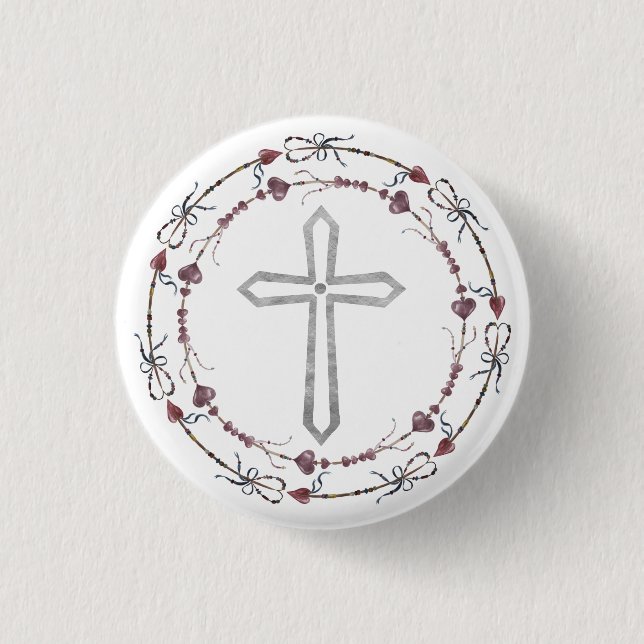  Modern Baptism Grey White Christian Cross  Wreath 1 Inch Round Button (Front)