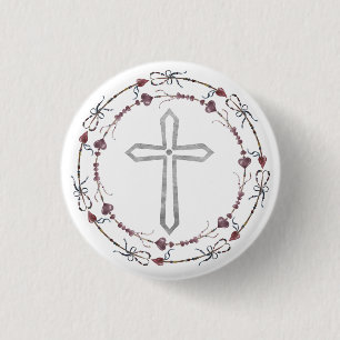  Modern Baptism Grey White Christian Cross  Wreath 1 Inch Round Button