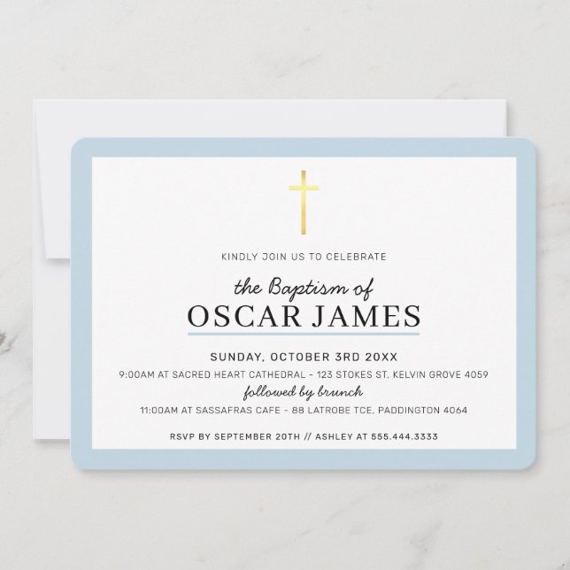 MODERN BAPTISM minimal gold cross simple blue boy Invitation (Front)