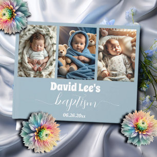 Modern Baptism Photo Collage Dusty Blue Guest Book