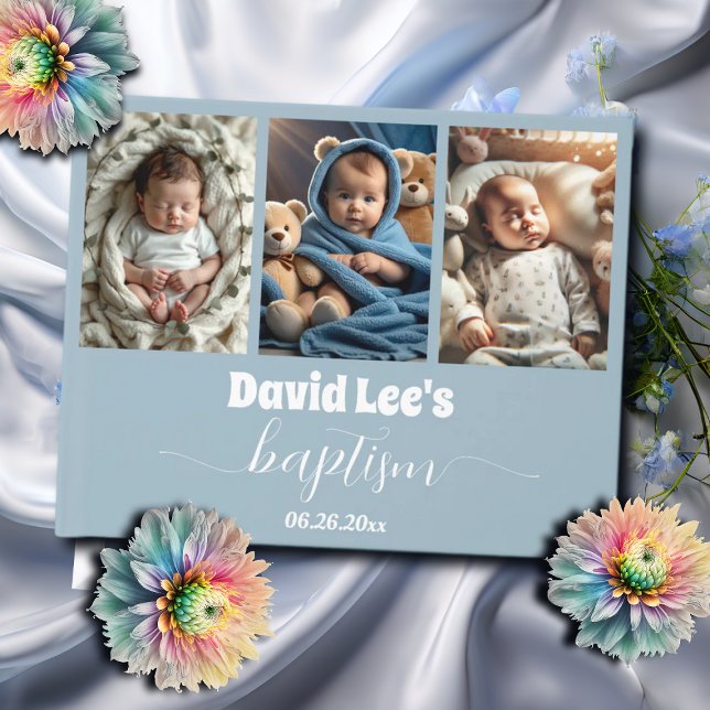 Modern Baptism Photo Collage Dusty Blue Guest Book (Creator Uploaded)
