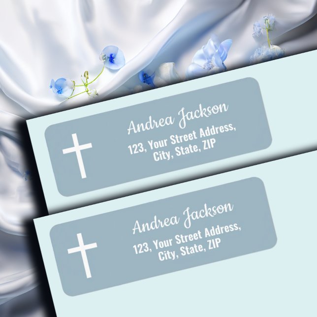Modern Baptism White Cross Blue Return Address (Creator Uploaded)
