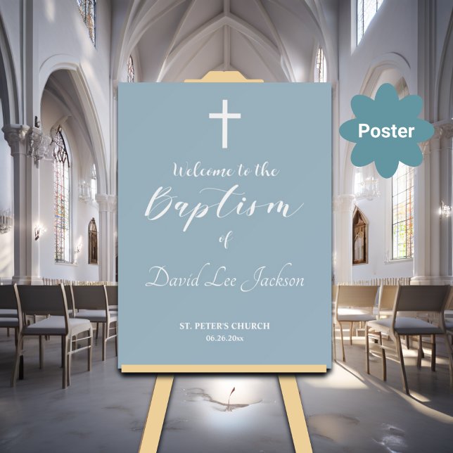 Modern Baptism White Cross Dusty Blue Welcome  Poster (Creator Uploaded)