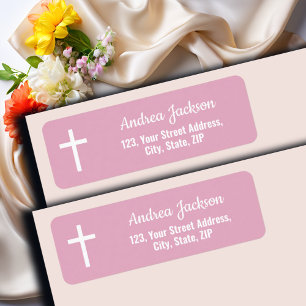 Modern Baptism White Cross Pink Return Address