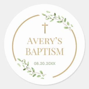 Modern Baptism wreath Gold cross Customizable Classic Round Sticker