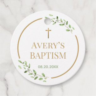 Modern Baptism wreath Gold cross Customizable Favour Tags