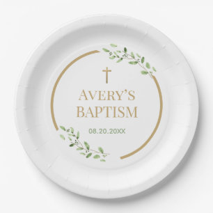 Modern Baptism wreath Gold cross Customizable Paper Plate
