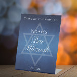 Modern Bar Mitzvah Blue Star of David Custom Party Pedestal Sign<br><div class="desc">Beautiful deep shades of dark blue create a texture like water on this formal Bar Mitzvah party welcome pedestal sign. Elegant white minimalist script on signage with your son's name on the subtle Star of David to celebrate your Jewish son's coming of age.</div>