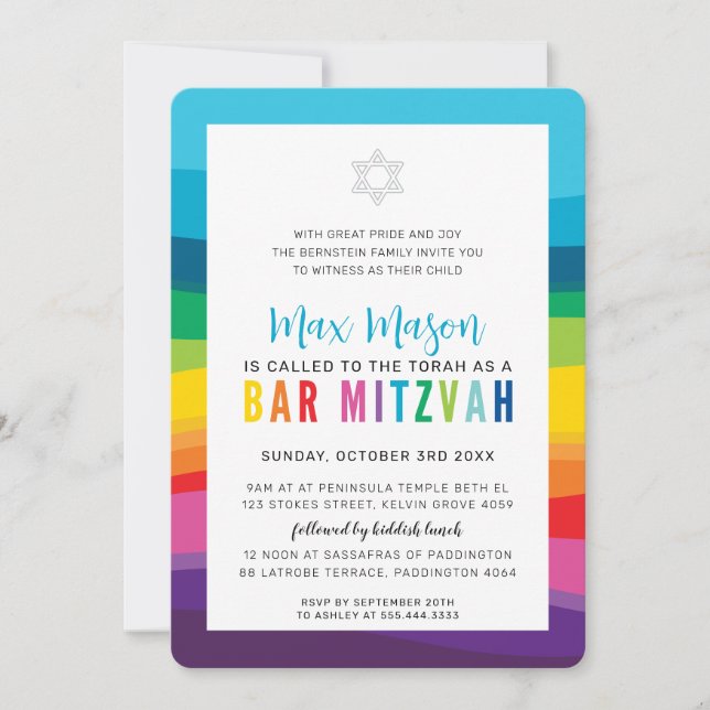 MODERN BAR MITZVAH colourful technicolor rainbow I Invitation (Front)