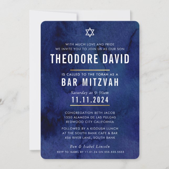 MODERN BAR MITZVAH dark blue pattern simple Invitation (Front)