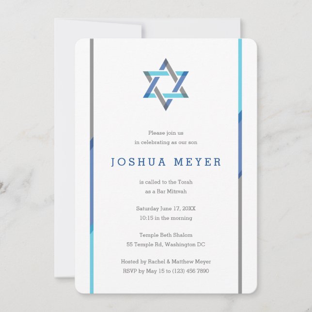 Modern Bar Mitzvah Invitations | Blue + Teal (Front)