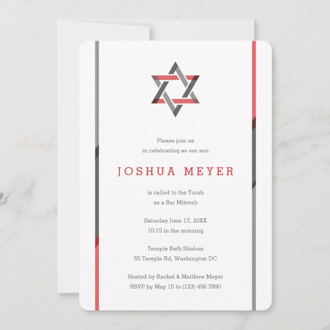 Modern Bar Mitzvah Invitations | Red + Black (Front)