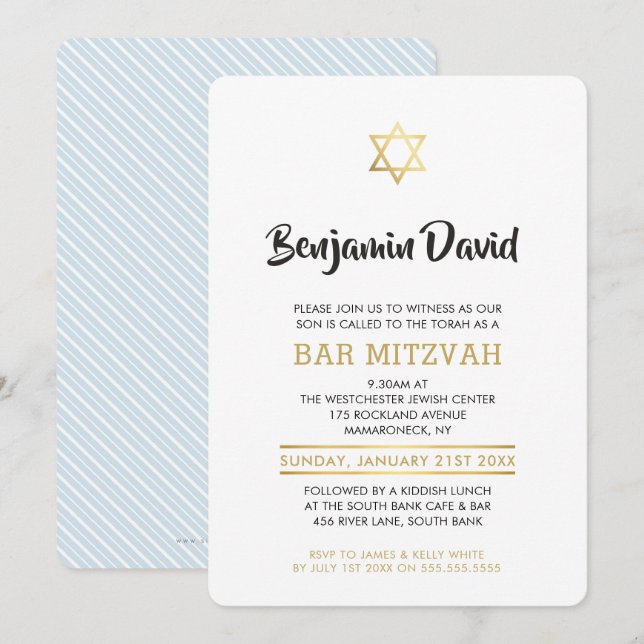 MODERN BAR MITZVAH INVITE simple stylish gold star (Front/Back)