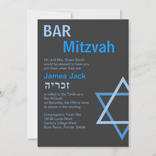 Modern Bar Mitzvah Invitiation with H - Customized Invitation (Front)