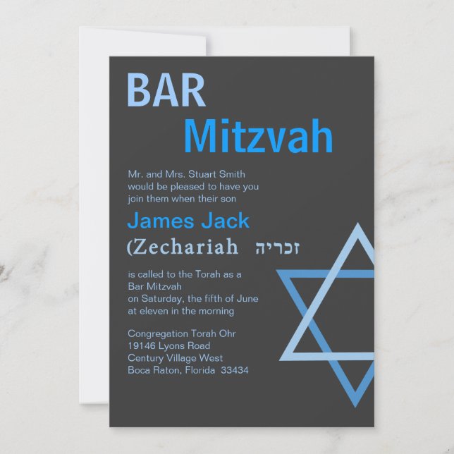 Modern Bar Mitzvah Invitiation with Hebrew Name Invitation (Front)