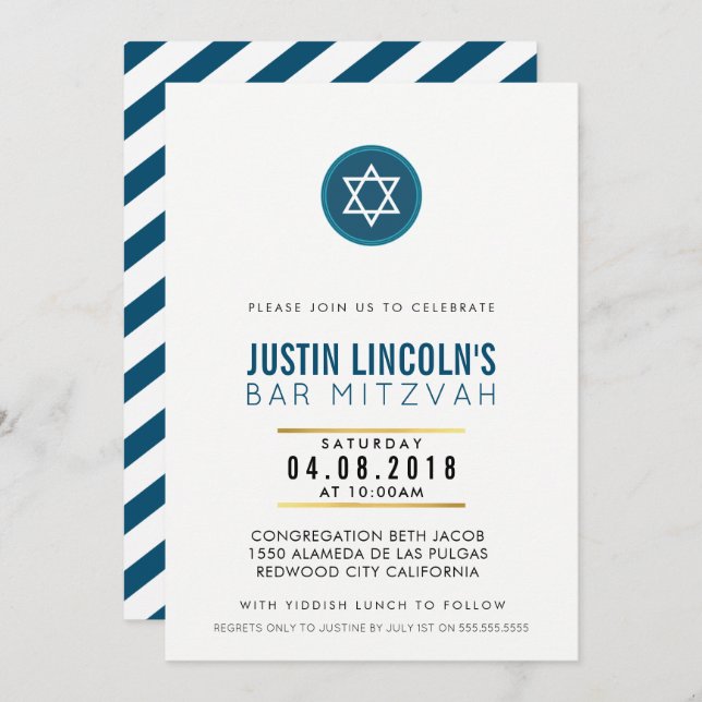 MODERN BAR MITZVAH party INVITE cool dark blue (Front/Back)