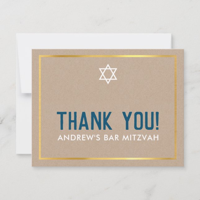 MODERN BAR MITZVAH simple thank you blue kraft Card (Front)