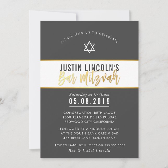 MODERN BAR MITZVAH stylish dark grey gold writing Invitation (Front)