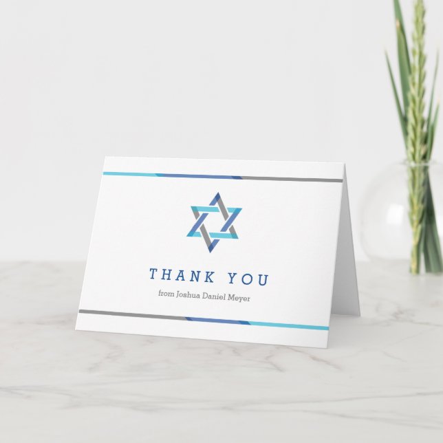 Modern Bar Mitzvah Thank You Cards | Blue + Teal (Front)