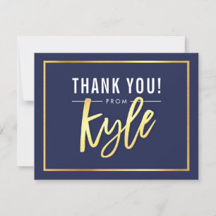 MODERN BAR MITZVAH thank you gold name KYLE navy Card