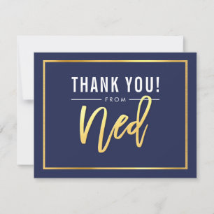 MODERN BAR MITZVAH thank you gold name NED navy Card