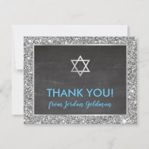 MODERN BAR MITZVAH thank you silver glitter grey Card