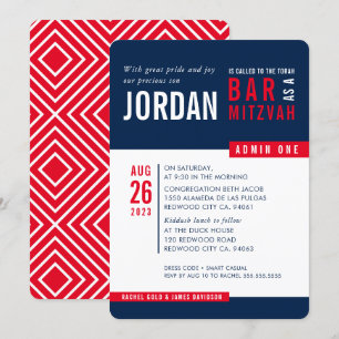 MODERN BAR MITZVAH trendy bold block navy blue red Invitation
