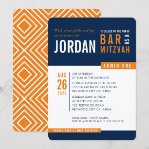 MODERN BAR MITZVAH trendy bold block navy orange Invitation