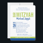 MODERN BAR MITZVAH trendy date blue lime green Invitation<br><div class="desc">by kat massard > WWW.SIMPLYSWEETPAPERIE.com Love the design, but would like to see some changes - another colour scheme, product, add a photo or adapted for a different occasion - no worries simply contact me - I am happy to help! - - - - - - - - - -...</div>