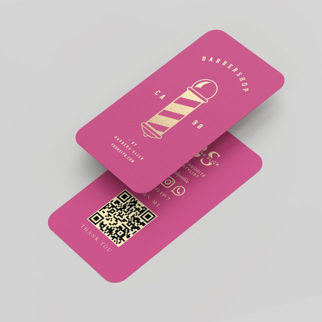 Modern Barbershop Barber Pole Pink Gold  Business Card (Modern Barbershop Barber Pole Pink Gold Business Card
)