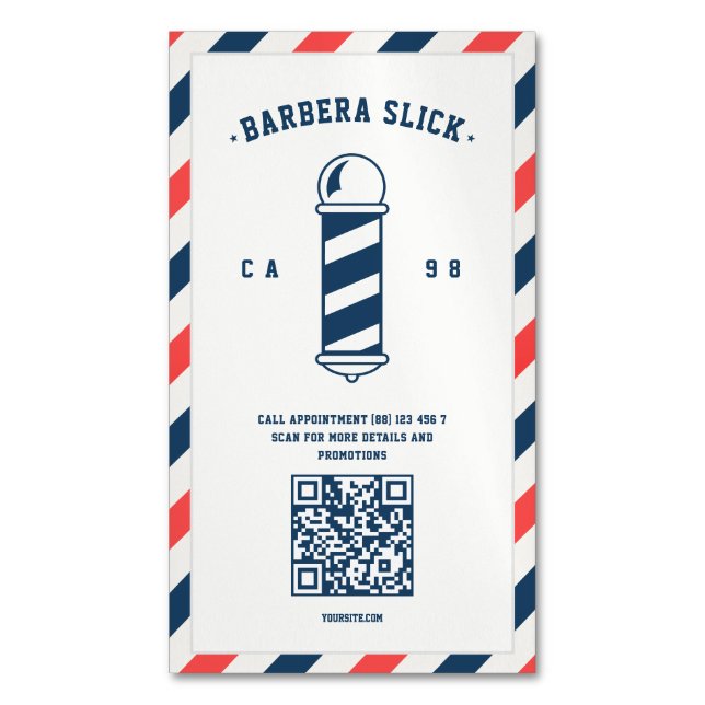 Modern Barbershop Barber's Pole Hairstylist Barber Magnetic Business Card (Front Vertical)