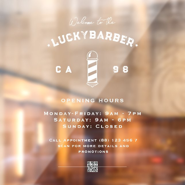 Modern Barbershop Barber's Pole Opening Hours QR Window Cling (Sheet 2)